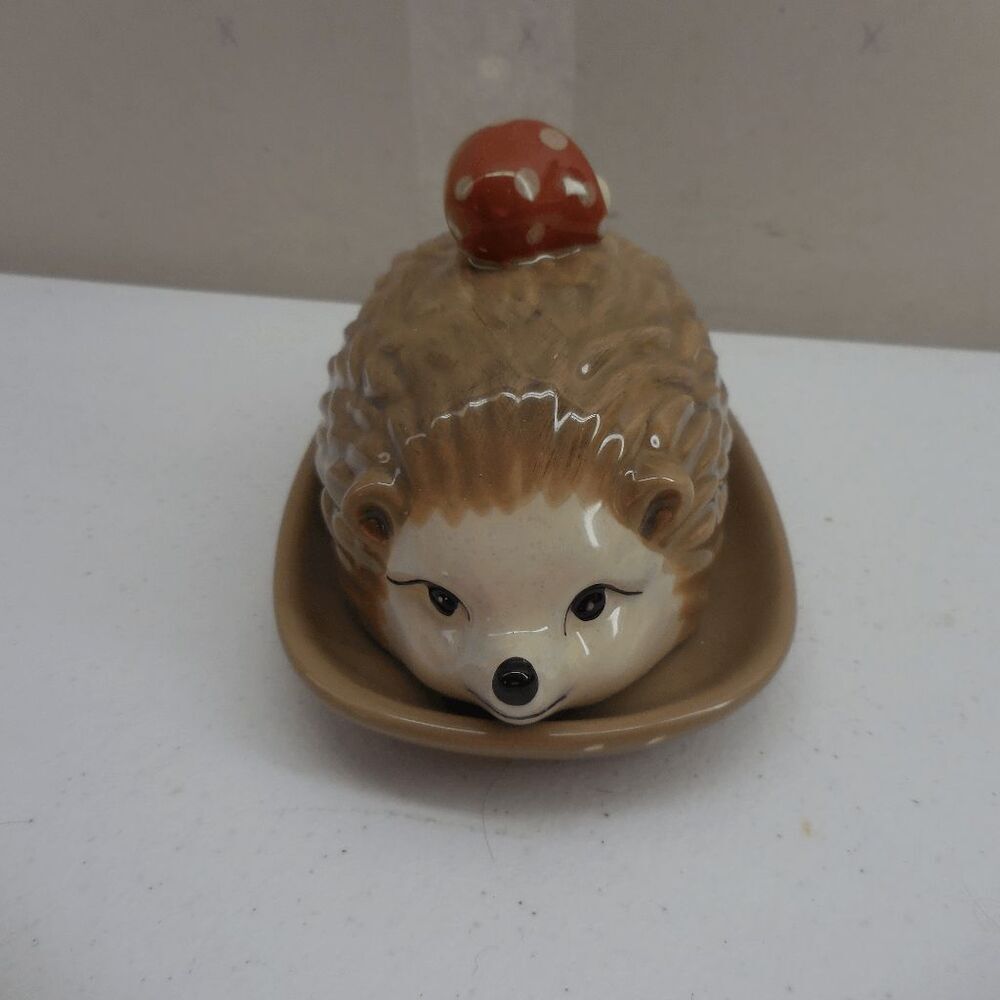 Potters Studio Butter Dish Cute Little Hedgehog‎ With A Mushroom on Top 6"x4"